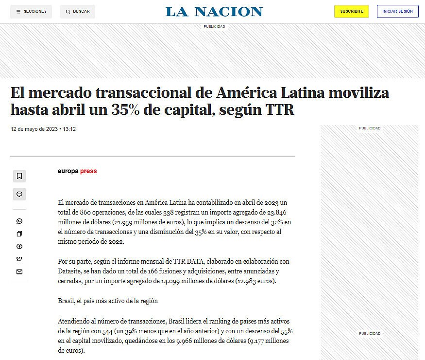 El mercado transaccional de Amrica Latina moviliza hasta abril un 35% de capital, segn TTR